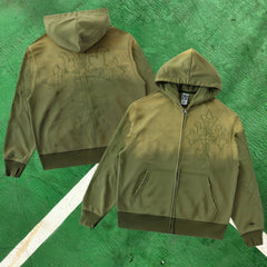 Vale Forever Embroidered Cross Full-Zip Hoodie (Khaki / Gothic Cross)